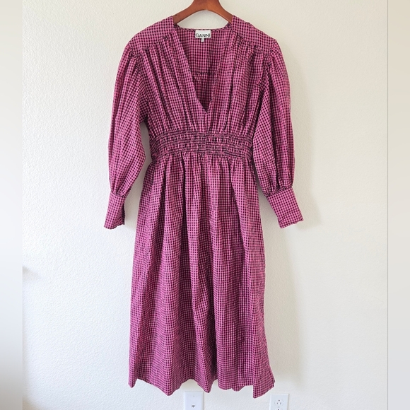 GANNI Carmine Rose Seersucker Check Gingham V Neck Gathered Midi Dress Small /36 - Picture 6 of 16